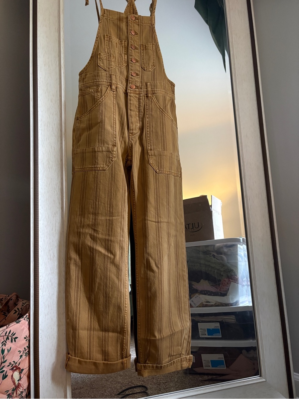 Anthropologie Pilcro Striped Camel Brown Button-Front Overalls - Picture 11 of 14